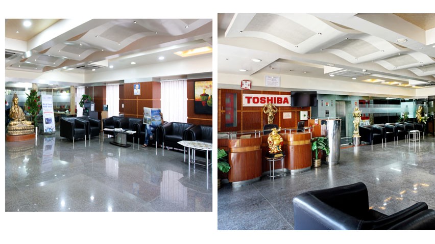 Vaishnavi Solitaire building interior reception | Spacious office place for your Organization now occupied by Toshiba at Koramangala, bengaluru